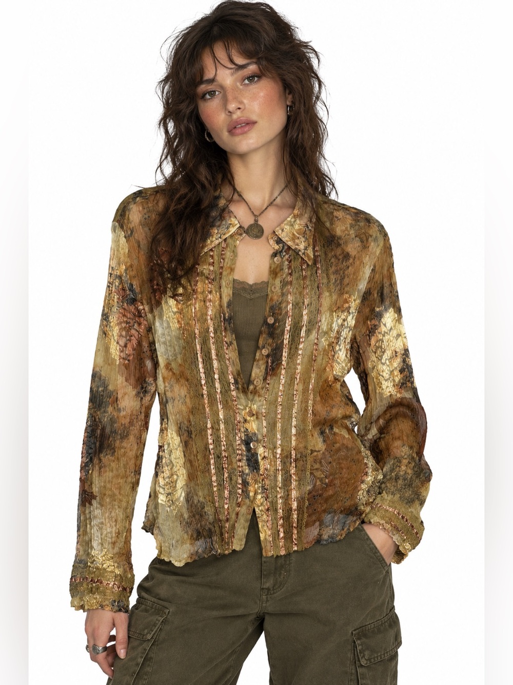 Boho Western Sheer Silk Burnout Lace Blouse Goblincore Earthy Crinkle Y2K Fairy